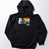 A black pullover fleece hoodie features the Pride Progress flag with a small right set TMU in white.