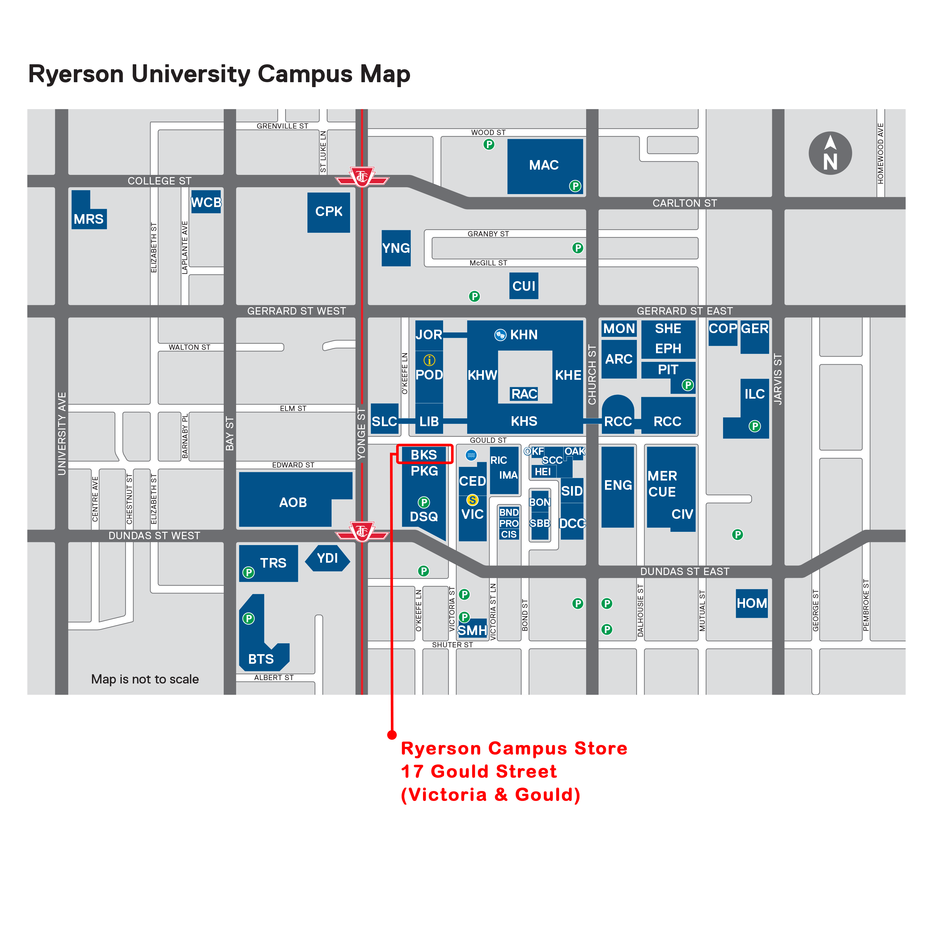 Map of the Ryerson campus with the Campus Store's location at the corner of Gould Street and Victoria Street highlighted. The Campus Store is located at 17 Gould Street.