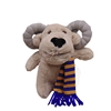 An eight inch light brown plush toy of Eggy the ram with grey horns. Eggy is wearing a blue and yellow striped scarf.