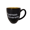 A black bistro coffee mug with Ryerson University in white text appearing on the side. The interior of the mug is yellow..