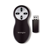 A black wireless remote presenter with grey keypad and black USB stick. White Kensington logo appears on handle.