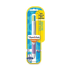 A four colour Paper Mate brand ballpoint pen in blue and yellow packaging. Features magenta, lime, turquoise and purple ink.