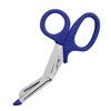 A pair of blue and silver utility scissors.