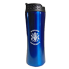 A blue stainless steel tumbler with a black lid. The Ryerson University crest in white appears on the centre of the tumbler.