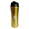 A gold stainless steel tumbler with a black lid. The Ryerson University crest in white appears on the centre of the tumbler.