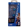 A pair of blue JVC headphones in blue packaging showing two people running.