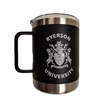 A matte black 12 ounce double walled stainless steel travel mug with silver lid and bottom. The Ryerson University crest in white appears on the centre of the travel mug.