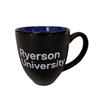 A black bistro coffee mug with Ryerson University in white text appearing on the side. The interior of the mug is blue.
