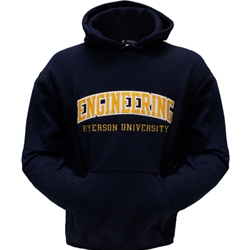 A long sleeved, navy blue hoodie. Gold Engineering text embroidered on centre of chest with embroidered Ryerson University appearing below.