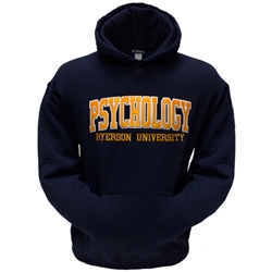 A long sleeved, navy blue hoodie. Gold Psychology text embroidered on centre of chest with embroidered Ryerson University appearing below.