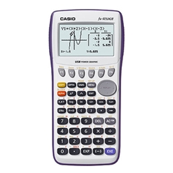 A light grey Casio FX9750 GII graphing calculator with an equation on the display screen.