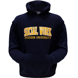 A long sleeved, navy blue hoodie. Gold Social Work text embroidered on centre of chest with embroidered Ryerson University appearing below.