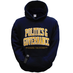 A long sleeved, navy blue hoodie. Gold Politics & Governance text embroidered on centre of chest with embroidered Ryerson University appearing below.