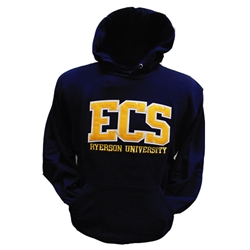 A long sleeved, navy blue hoodie. Gold ECS text embroidered on centre of chest with embroidered Ryerson University appearing below.