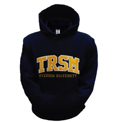 A long sleeved, navy blue hoodie. Gold TRSM text embroidered on centre of chest with embroidered Ryerson University appearing below.