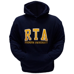 A long sleeved, navy blue hoodie. Gold RTA text embroidered on centre of chest with embroidered Ryerson University appearing below.