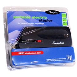 A black Swingline brand portable electric stapler in blue packaging.