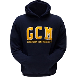 A long sleeved, navy blue hoodie. Gold GCM text embroidered on centre of chest with embroidered Ryerson University appearing below.