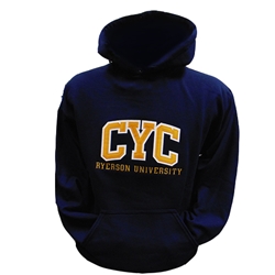A long sleeved, navy blue hoodie. Gold CYC text embroidered on centre of chest with embroidered Ryerson University appearing below.