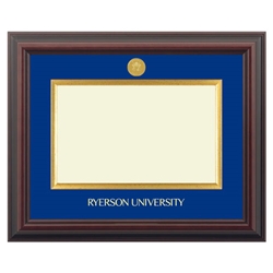 A dark brown diploma frame with a navy blue background insert and gold trim around the degree placement. A gold university crest appears on the centre top of the blue background insert. Ryerson University text appears in gold on the centre bottom of the navy blue background insert.