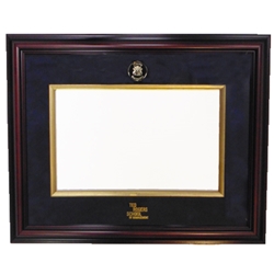 A dark brown diploma frame with a navy blue background insert and gold trim around the degree placement. A gold university crest appears on the centre top of the blue background insert. Ted Roger's School of Management text appears in gold on the centre bottom of the navy blue background insert.