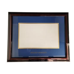 A brown diploma frame with a light blue background insert and gold trim around the degree placement. Ryerson University text appears in gold on the centre bottom of the light blue background insert.