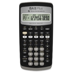 A black Texas Instruments BA-II Plus financial calculator with numbers on the display screen.