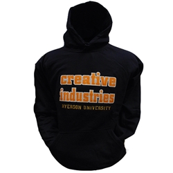A long sleeved, navy blue hoodie. Gold Creative Industries text embroidered on centre of chest with embroidered Ryerson University appearing below.