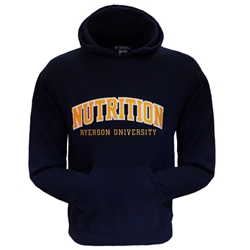 A long sleeved, navy blue hoodie. Gold Nutrition text embroidered on centre of chest with embroidered Ryerson University appearing below.
