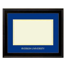 A black diploma frame with a blue background insert and gold trim around the degree placement. Ryerson University text appears in gold on the centre bottom of the blue background insert.