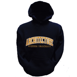 A long sleeved, navy blue hoodie. Gold Architecture text embroidered on centre of chest with embroidered Ryerson University appearing below.