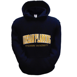 A long sleeved, navy blue hoodie. Gold Urban Planning text embroidered on centre of chest with embroidered Ryerson University appearing below.