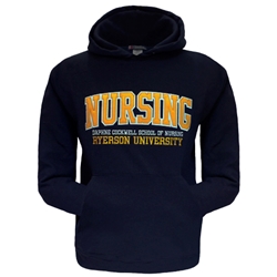 A long sleeved, navy blue hoodie. Gold Nursing text embroidered on centre of chest with embroidered Ryerson University appearing below.