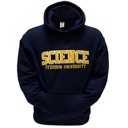 A long sleeved, navy blue hoodie. Gold Science text embroidered on centre of chest with embroidered Ryerson University appearing below.