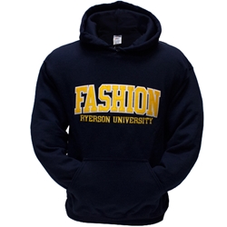 A long sleeved, navy blue hoodie. Gold Fashion text embroidered on centre of chest with embroidered Ryerson University appearing below.