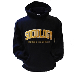 A long sleeved, navy blue hoodie. Gold Sociology text embroidered on centre of chest with embroidered Ryerson University appearing below.