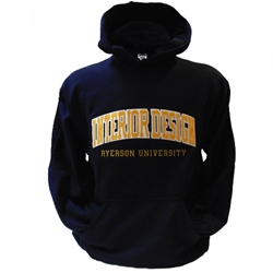 A long sleeved, navy blue hoodie. Gold Interior Design text embroidered on centre of chest with embroidered Ryerson University appearing below.