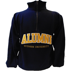 A navy blue 1/4 zip sweatshirt. Alumni and Ryerson University white and yellow text embroidered on the centre of the chest.