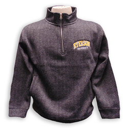 A dark grey 1/4 zip sweatshirt. Ryerson University gold and white text embroidered on the right side of the chest.