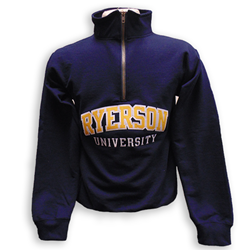 A navy blue 1/4 zip sweatshirt. Ryerson University white and yellow text embroidered on the centre of the chest.