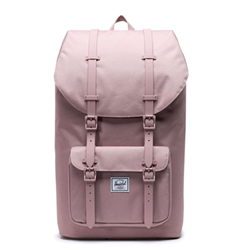 A pink Herschel backpack with pink straps and a pink front pocket. Front pocket has the Herschel logo embroidered in white and black in the centre.