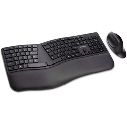 A black Kensington brand Pro Fit Ergo wireless keyboard and black wireless mouse.