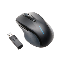 A black Kensington brand wireless mouse with a black USB flash drive.