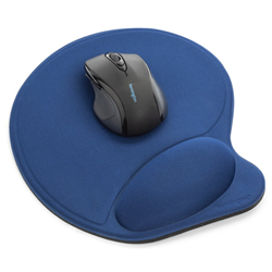A Kensington brand blue mousepad with gel wrist rest. A black mouse appears in the centre of the mousepad.