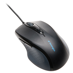 A black and grey Kensington mouse with wire. Blue Kensington logo appears vertically on the centre of the mouse.