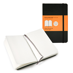 A black soft cover Moleskin classic notebook with 192 pages. Open notebook appears to the left of the closed notebook.
