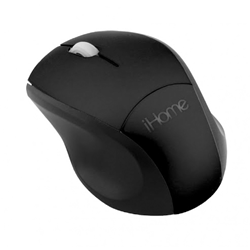 A black iHome travel mouse. Grey iHome logo appears on the centre of the mouse.