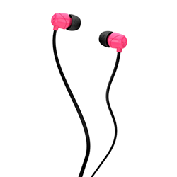 A pair of pink and black Skullcandy brand earbuds with skull detail.