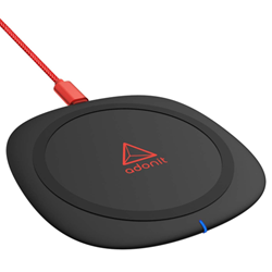 A black wireless charging pad with a red Adonit logo in the centre and a red charging cord.
