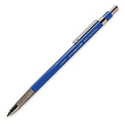 A blue 2mm HB lead Staedtler mechanical pencil with metal grip.